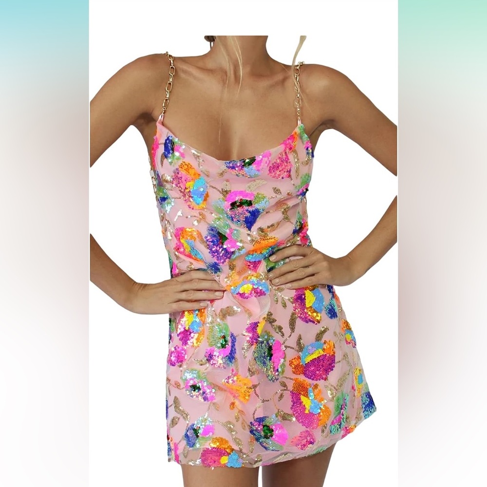 Sequin Floral Mini Dress - Pink Multicolor